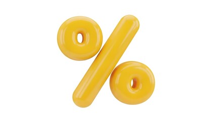 A glossy 3D percent symbol (%) rendered in bright golden yellow, made of smooth, inflated, plastic-like material. The symbol has rounded edges, a reflective shiny surface, and a soft studio light crea