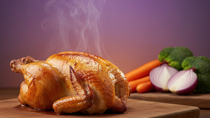 Delicious whole roasted chicken steaming on a wooden board with fresh vegetables against a purple gradient background