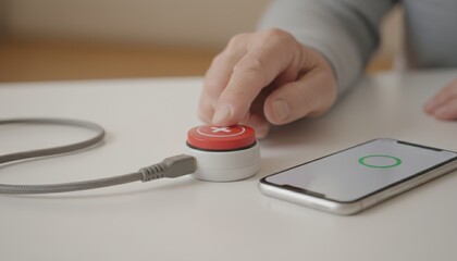 A person pressing a red button on a device connected to a smartphone, indicating a medical or health monitoring function.