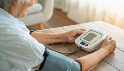 An elderly woman measures her blood pressure using a digital monitor, seated at a wooden table in a softly lit room.