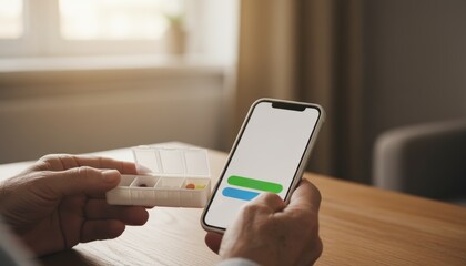 A person holds a pill organizer while interacting with a smartphone, highlighting the connection between health management and technology.