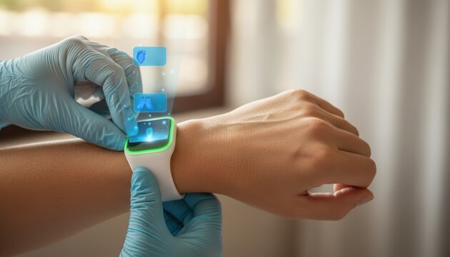 A person wearing gloves interacts with a smartwatch displaying health information, emphasizing technology and wellness. - Powered by Adobe