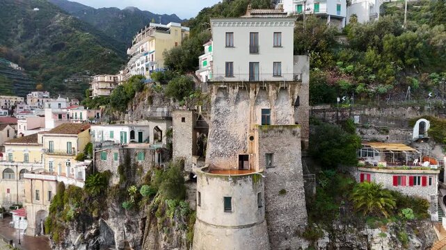 Aerial view of Cetara, a small town along the Amalfi Coast, Salerno, Campania, Italy.