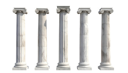 Obraz premium Five classical columns, fluted, with ornate capitals and bases, against a transparent backdrop