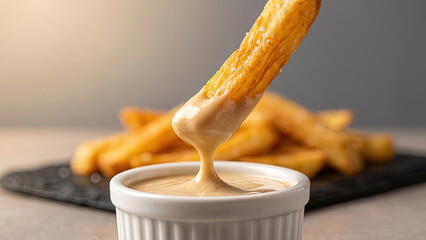 Crispy golden french fry dipping into creamy sauce bowl 