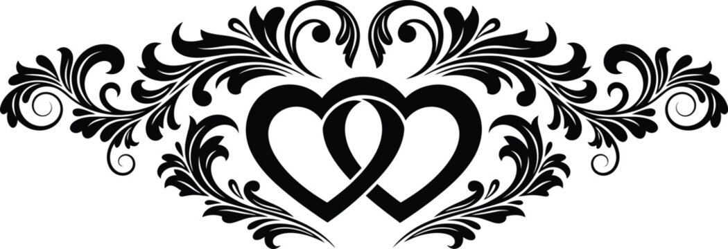 Two intertwined black heart silhouettes with ornate symmetrical floral scrollwork frame for wedding invitations and romantic card design elements.