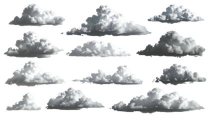 Isolated fluffy white cumulus clouds on a transparent black background