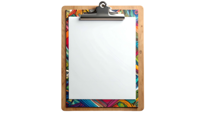 A clipboard with blank white paper, framed by colorful abstract art, on a black background