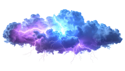 Isolated, digitally-rendered cloud with vibrant purples, blues, and electric lightning strikes