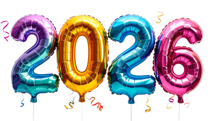 Brightly colored helium balloons shaped into the year 2026 with celebratory confetti