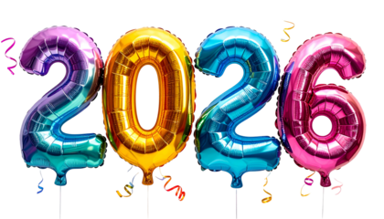 Brightly colored helium balloons shaped into the year 2026 with celebratory confetti