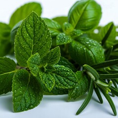 Fresh green medicinal herbs with dew drops on leaves, symbolizing natural healing, purity, wellness and organic healthcare.
