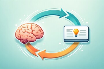 Cognitive synergy between innovation and knowledge retention represented by a brain and an idea centric card symbolizing idea generation and intellectual exchange