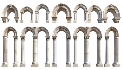 Collection of architectural stone arches and columns, various designs and details