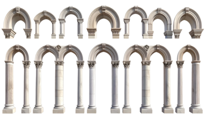Collection of architectural stone arches and columns, various designs and details
