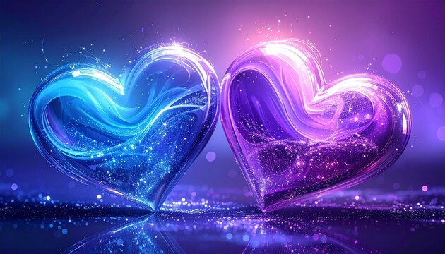 Glittery heart-shaped objects in purple, blue, and pink on reflective surface with dreamy bokeh background.