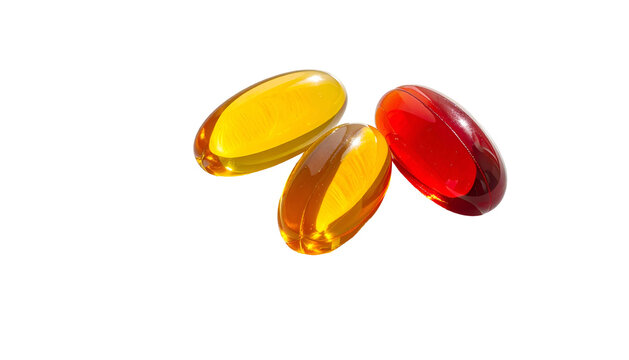 Three translucent softgel capsules, red, orange, and yellow, against a stark black background