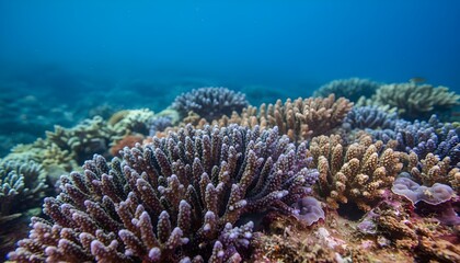 Obraz premium Vibrant underwater shot of hard Acropora finger corals thriving on a tropical reef under clear blue sea.