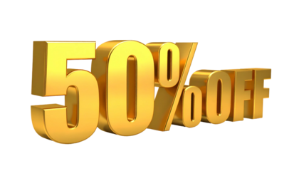3D rendered gold text "50% OFF" with a black background, perfect for promotion