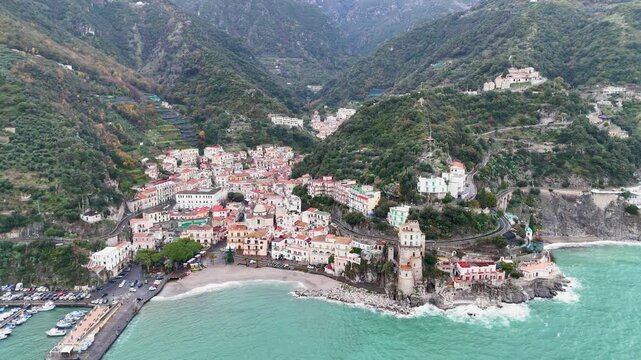 Aerial view of Cetara, a small town along the Amalfi Coast, Salerno, Campania, Italy.
