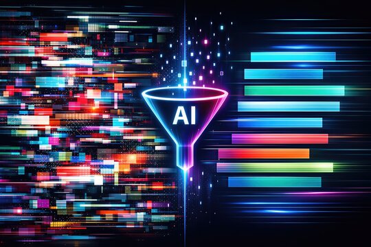 Digital convergence funnel illustrating artificial intelligence processing data stream transformation through vibrant colorful parallel bars emphasizing technology and innovation narrative