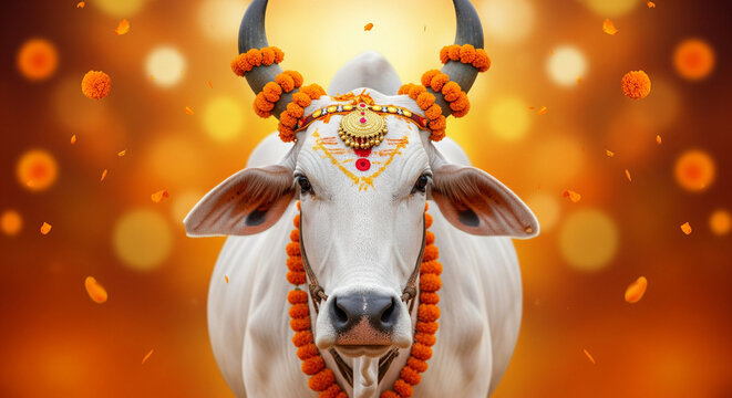 Adorned Holy Indian cow in vibrant orange flowers, a striking image of beauty and tradition