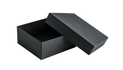 A matte black rectangular box with a slightly ajar lid, showcasing an empty interior