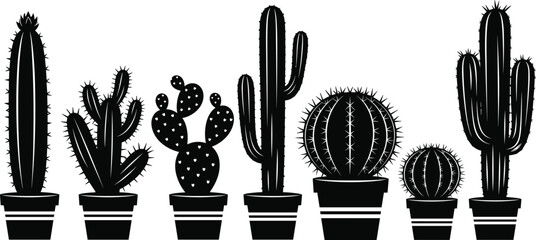 Collection of black cactus silhouettes in flower pots, different desert plant icons and succulent vector set isolated on white background, nature design, © MstBeauti