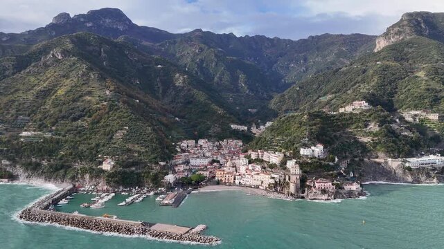 Aerial view of Cetara, a small town along the Amalfi Coast, Salerno, Campania, Italy.