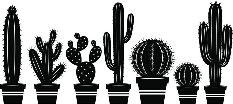 Collection of black cactus silhouettes in flower pots, different desert plant icons and succulent vector set isolated on white background, nature design,