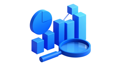 Isometric blue charts, pie chart, magnifying glass on black. Visualizing data and analysis