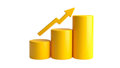 3D-rendered yellow cylindrical bars with an upward-pointing arrow on a black background