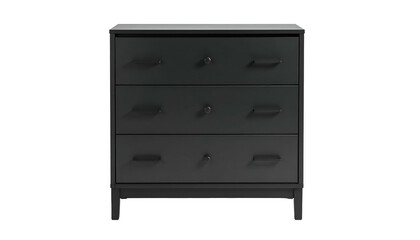 A front-facing view of a dark gray three-drawer dresser against a black background