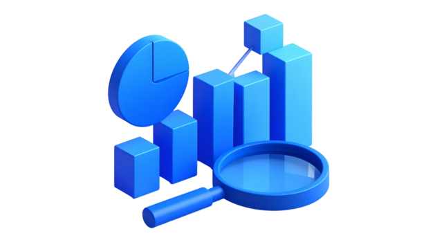 Isometric blue charts, pie chart, magnifying glass on black. Visualizing data and analysis - Powered by Adobe