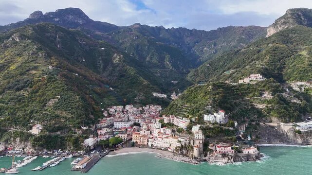 Aerial view of Cetara, a small town along the Amalfi Coast, Salerno, Campania, Italy.