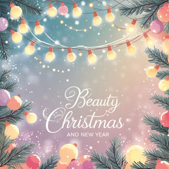 Abstract beauty Christmas and new year background with garland bulb lights and falling snow Vector illustration Eps10