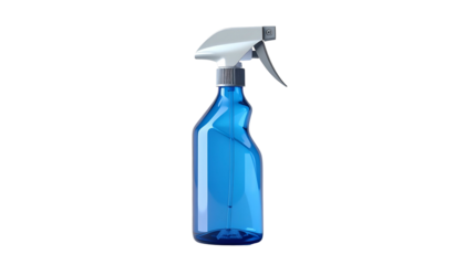 A translucent blue spray bottle with a grey trigger and black background