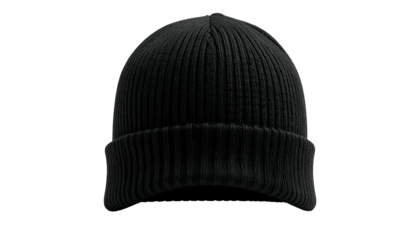 A close-up studio shot of a black ribbed knit beanie hat, centered on a black background