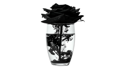 A black rose in a glass vase; ink bleeds, creating dark abstract shapes