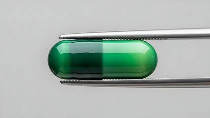A close-up macro shot of a green capsule held by metallic tweezers against a plain white background
