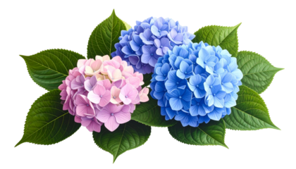 Three hydrangea blooms in pink, blue, and light blue, surrounded by green leaves