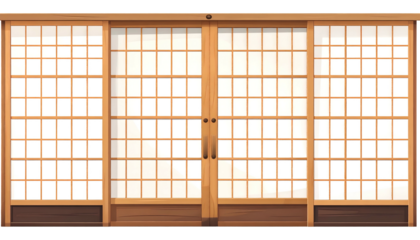 Cartoon depiction of traditional sliding Japanese shoji doors, light shines through paper panels