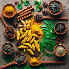 Ayurvedic herbal medicine ingredients arranged in warm tones, showcasing ancient holistic healing and natural wellness.
