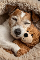 Cute dog sleeping in pet bed hugging best friend family toy bear. Elderly dog Jack Russell terrier resting at home. Vertical cozy calm composition