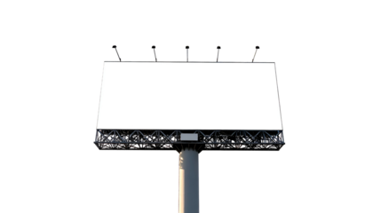 A large, blank, white billboard against a stark black background, supported by a metal structure