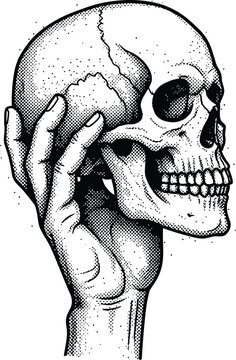 Hand Holding Human Skull Engraving Style Halftone Vector Illustration