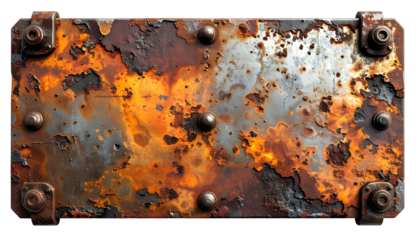 Rectangular, aged metal plate with extensive rust, rivets, and bolted corners