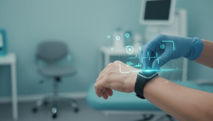 A person wearing a blue glove checks a smartwatch displaying health data in a modern medical setting.