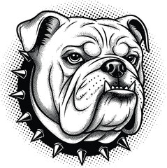 Bulldog Head with Spiked Collar in Vintage Halftone Engraving Style Black and White Vector Illustration