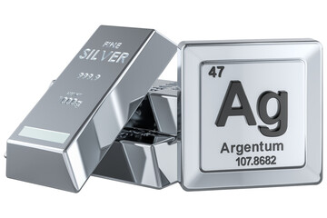 Silver bars with periodic table element Ag, transparent background